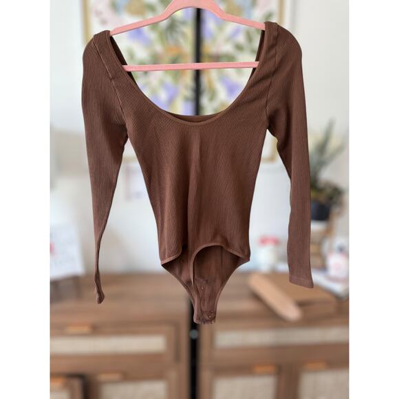 Intimately Free People Meg Seamless V-Neck Long-Sleeve Bodysuit Brown Womens M/L - Picture 3 of 7